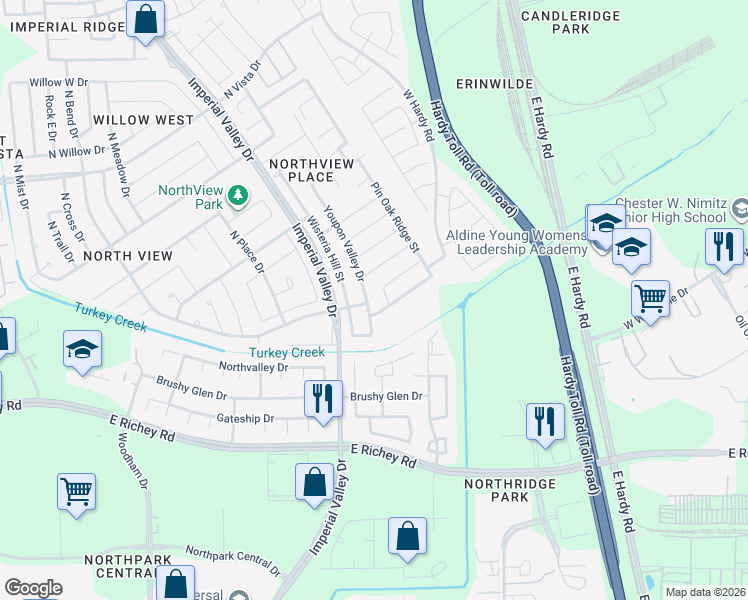 map of restaurants, bars, coffee shops, grocery stores, and more near 1106 Piedmont Creek Trail in Houston
