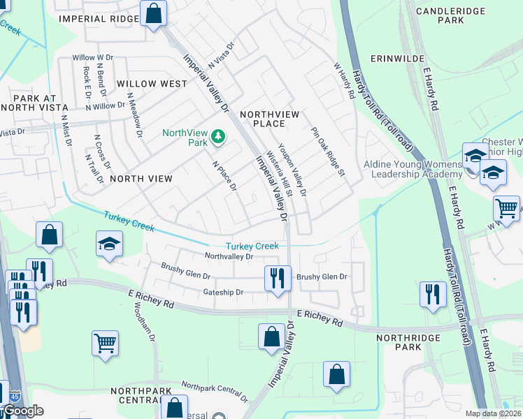 map of restaurants, bars, coffee shops, grocery stores, and more near 926 North Bright Drive in Houston