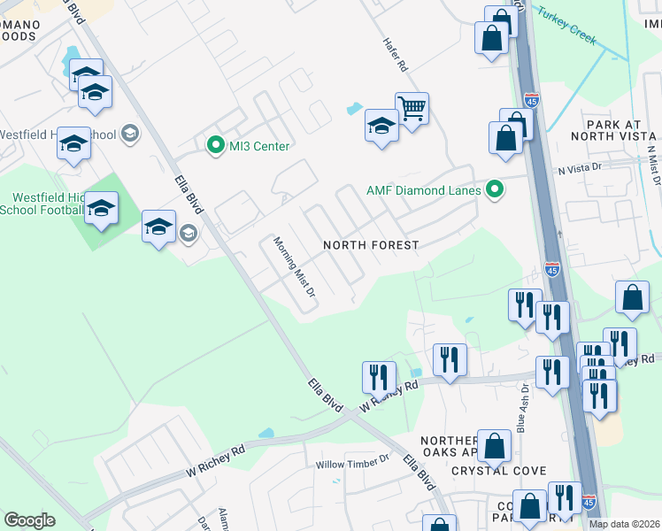 map of restaurants, bars, coffee shops, grocery stores, and more near 16227 Autumn Wind Drive in Houston