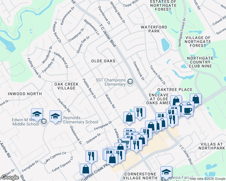 map of restaurants, bars, coffee shops, grocery stores, and more near 15018 Walters Road in Houston