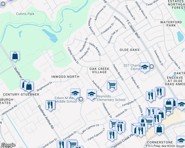 map of restaurants, bars, coffee shops, grocery stores, and more near 15238 Parkville Drive in Houston