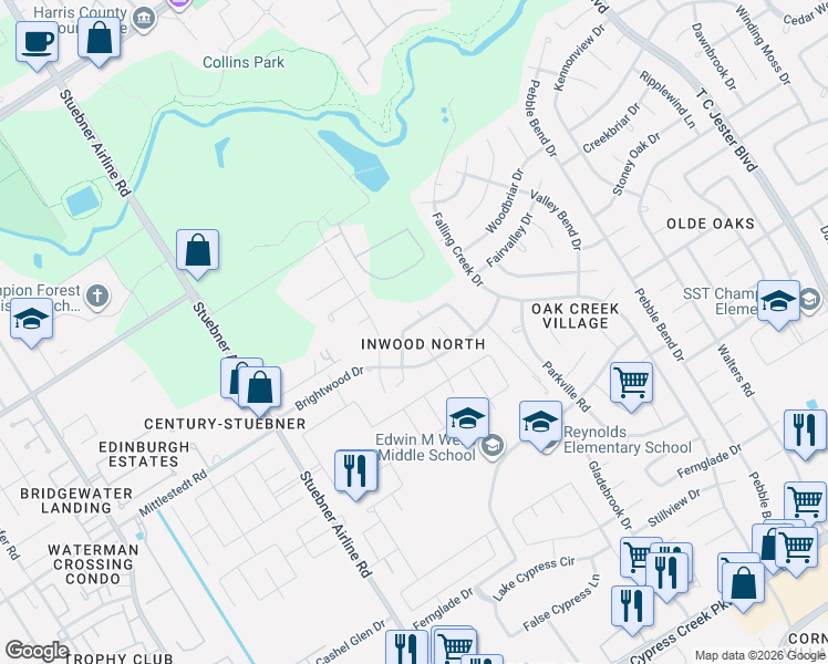 map of restaurants, bars, coffee shops, grocery stores, and more near 4102 Brightwood Drive in Houston