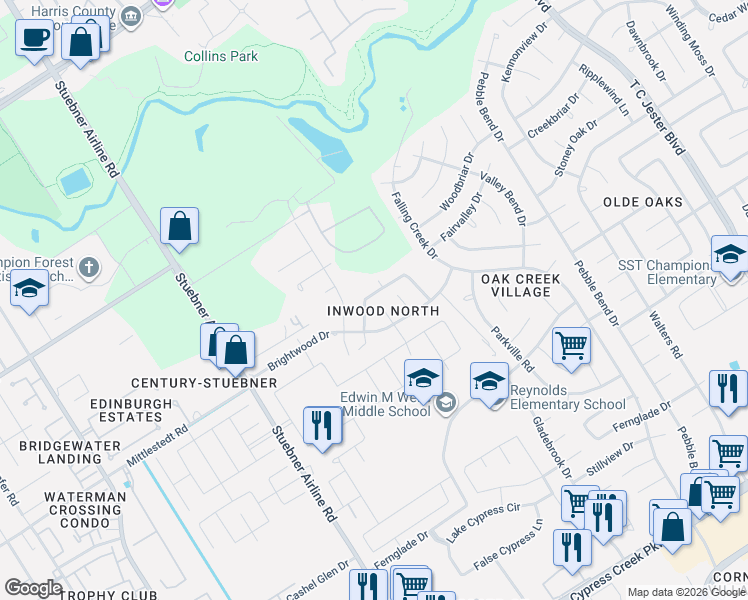 map of restaurants, bars, coffee shops, grocery stores, and more near 4102 Brightwood Drive in Houston