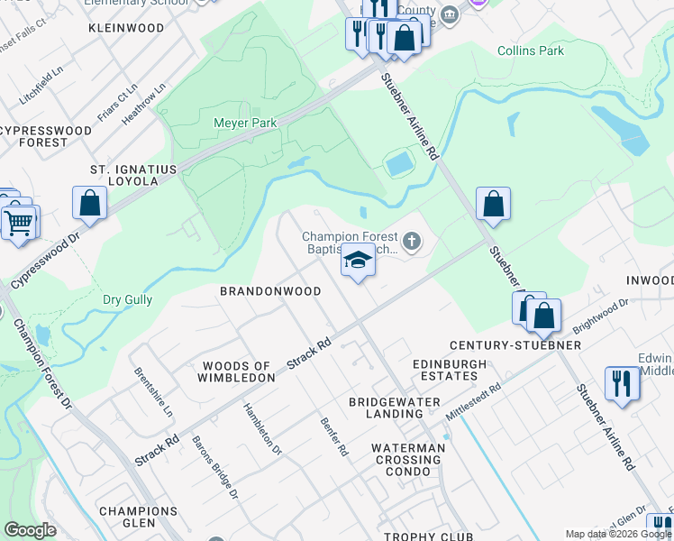 map of restaurants, bars, coffee shops, grocery stores, and more near 15407 Cypress Garden Drive in Houston