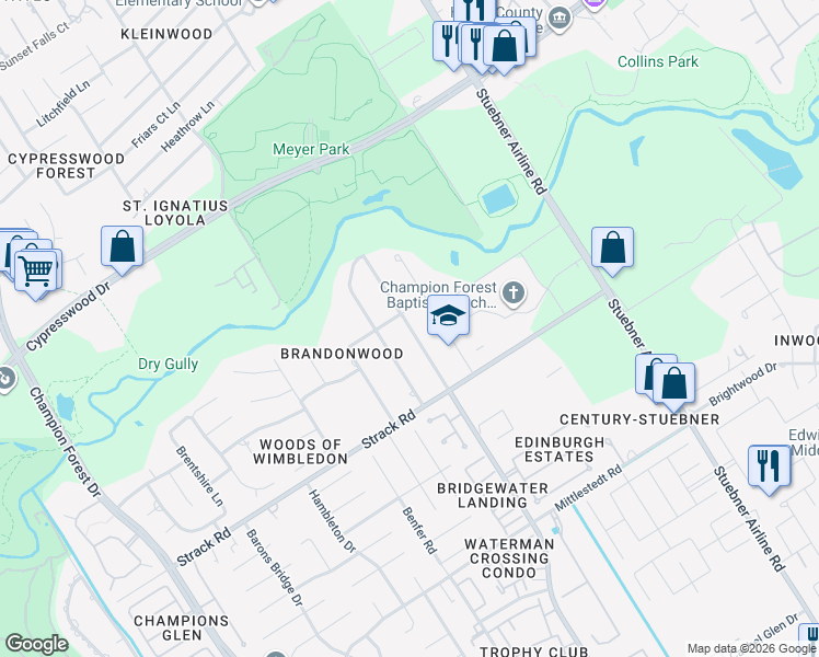map of restaurants, bars, coffee shops, grocery stores, and more near 15407 Cypress Garden Drive in Houston