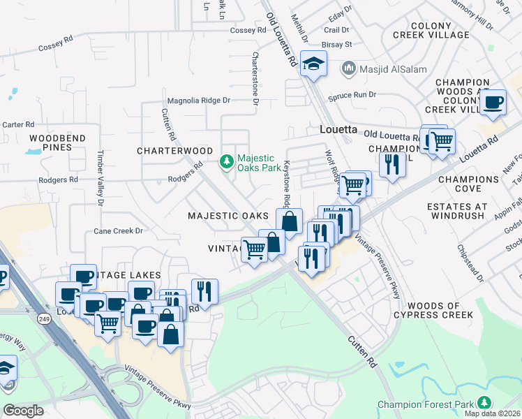 map of restaurants, bars, coffee shops, grocery stores, and more near 15814 Hollow Rock Drive in Houston