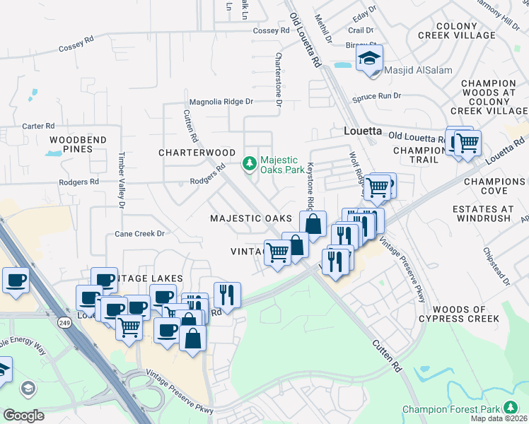 map of restaurants, bars, coffee shops, grocery stores, and more near 15926 Cutten Road in Houston