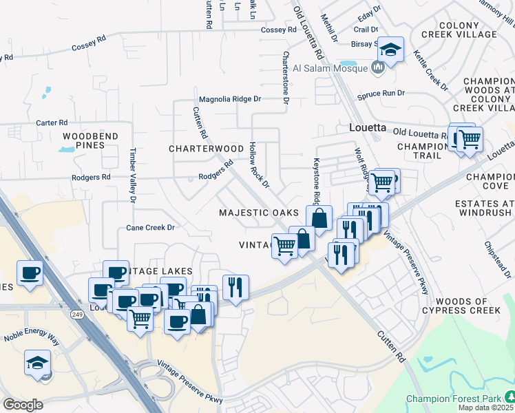map of restaurants, bars, coffee shops, grocery stores, and more near 15911 Lausanne Drive in Houston