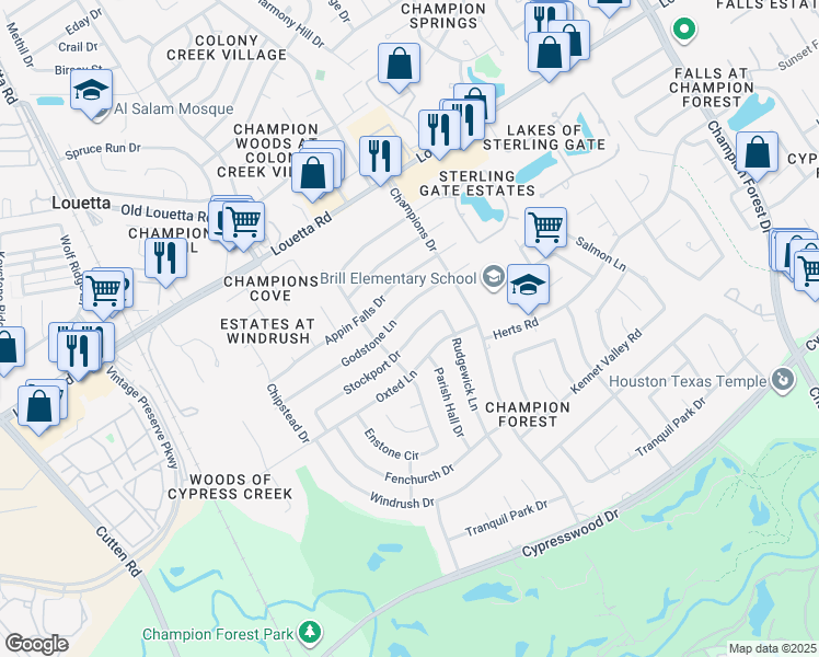 map of restaurants, bars, coffee shops, grocery stores, and more near 9414 Stockport Drive in Spring