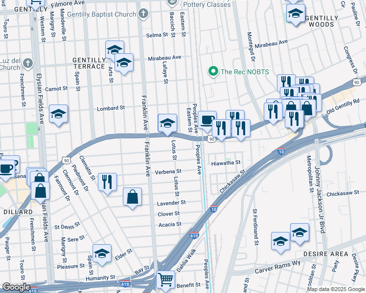map of restaurants, bars, coffee shops, grocery stores, and more near 2750 Wisteria Street in New Orleans