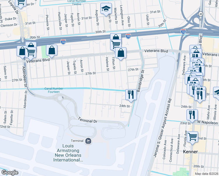 map of restaurants, bars, coffee shops, grocery stores, and more near 2449 Helena Street in Kenner