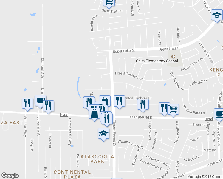 map of restaurants, bars, coffee shops, grocery stores, and more near Timber Forest Dr & Moonshadows Dr in Houston