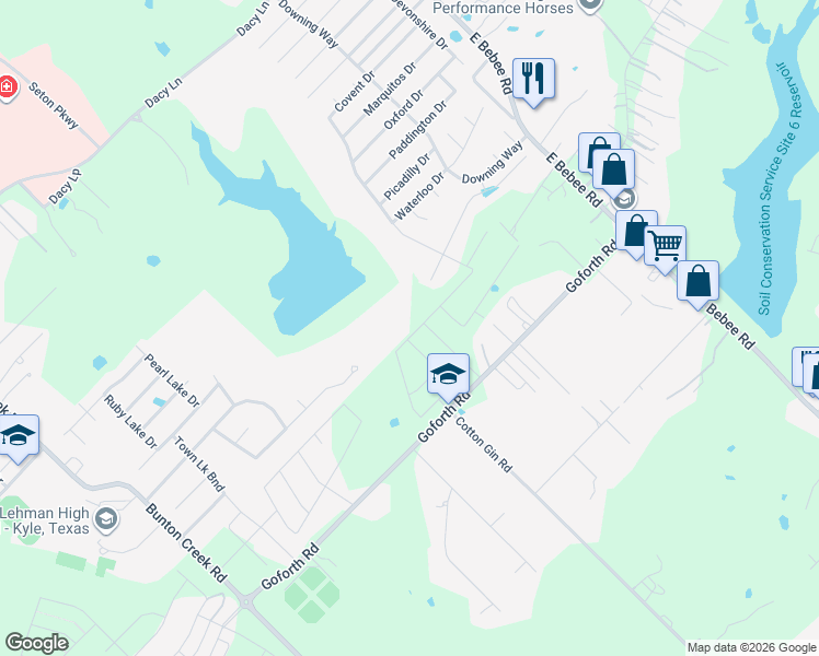 map of restaurants, bars, coffee shops, grocery stores, and more near 1251 Goforth Road in Kyle