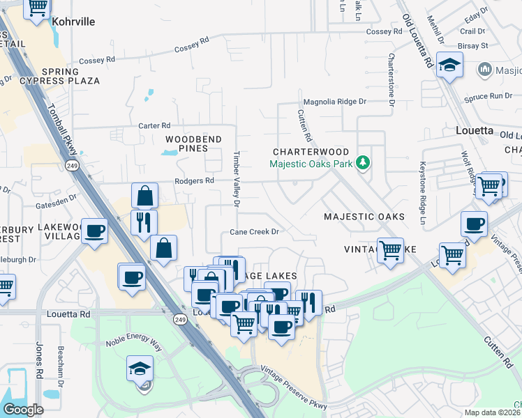 map of restaurants, bars, coffee shops, grocery stores, and more near 15938 Wine Rock Drive in Houston