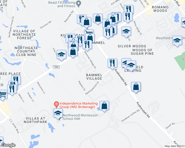 map of restaurants, bars, coffee shops, grocery stores, and more near 15522 Kiplands Bend Drive in Houston