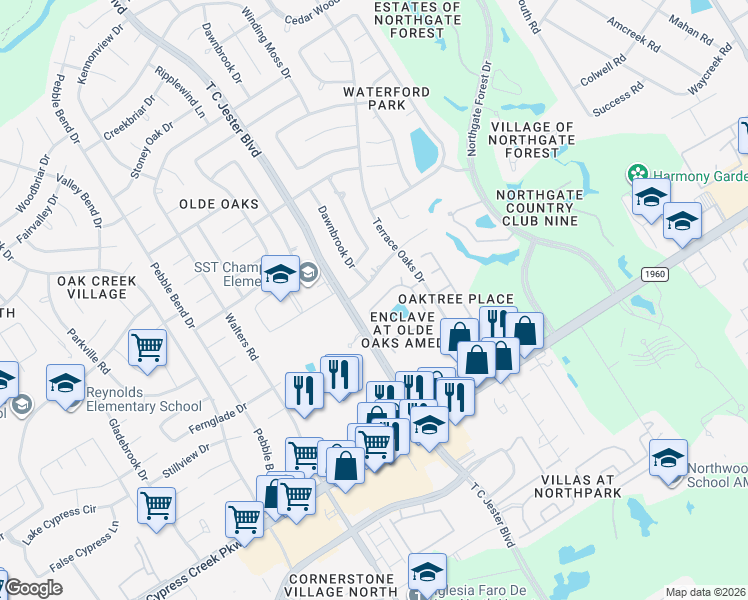 map of restaurants, bars, coffee shops, grocery stores, and more near 14910 Forest Enclave Lane in Houston