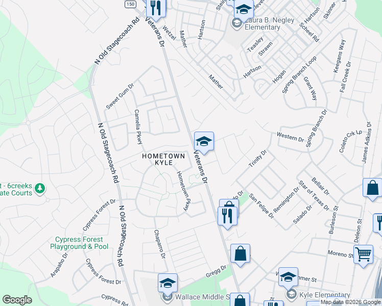 map of restaurants, bars, coffee shops, grocery stores, and more near 208 Coneflower Drive in Kyle