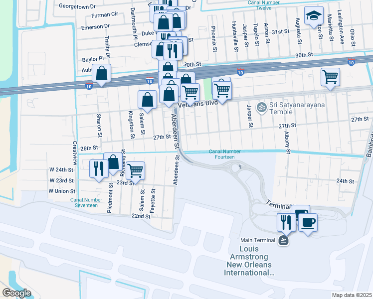 map of restaurants, bars, coffee shops, grocery stores, and more near 2603 Decatur Street in Kenner