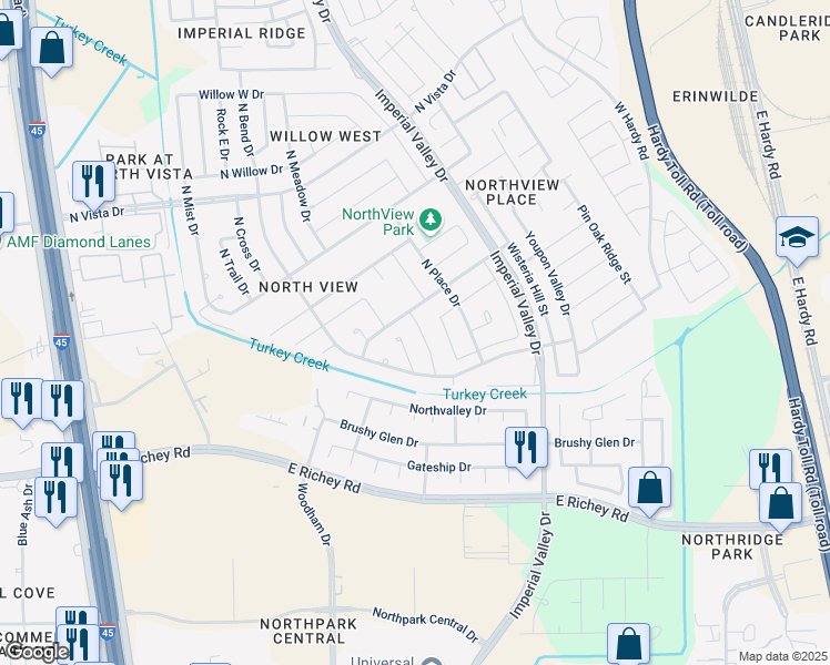 map of restaurants, bars, coffee shops, grocery stores, and more near in Harris County