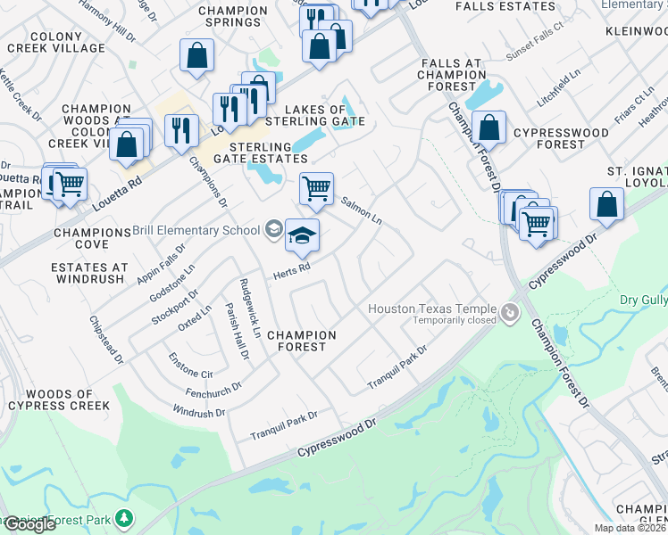 map of restaurants, bars, coffee shops, grocery stores, and more near 16211 Kempton Park Drive in Spring
