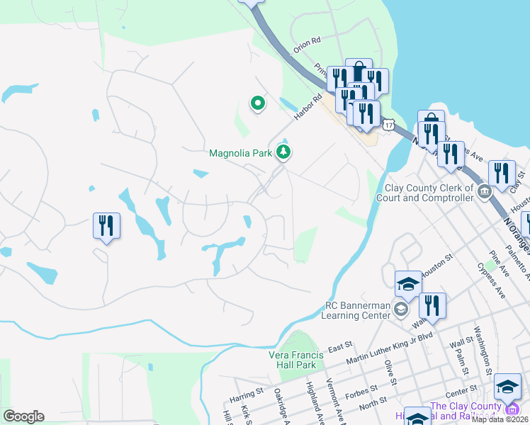 map of restaurants, bars, coffee shops, grocery stores, and more near 3691 Red Hawk Court in Green Cove Springs