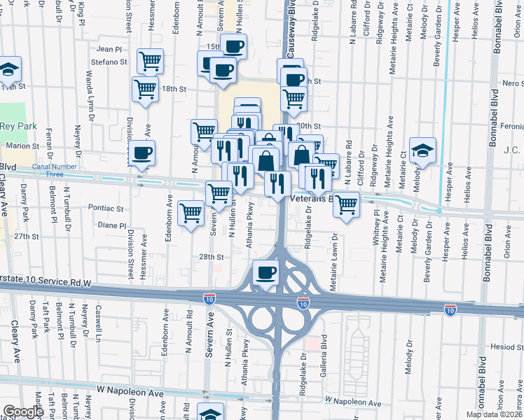 map of restaurants, bars, coffee shops, grocery stores, and more near in Metairie