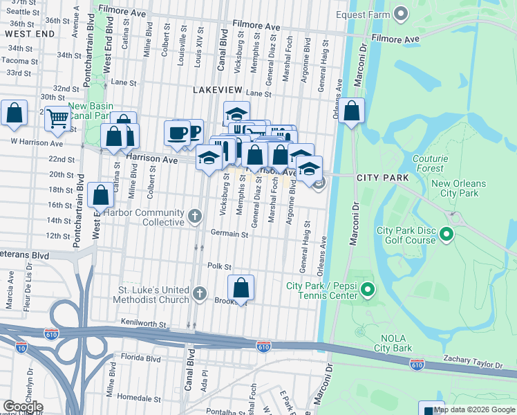 map of restaurants, bars, coffee shops, grocery stores, and more near 6220 General Diaz Street in New Orleans