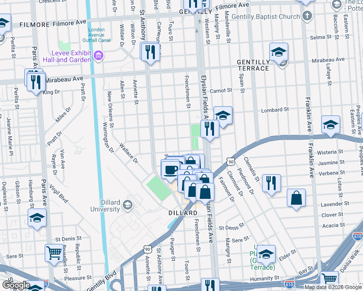 map of restaurants, bars, coffee shops, grocery stores, and more near 2127 Stephen Girard Street in New Orleans