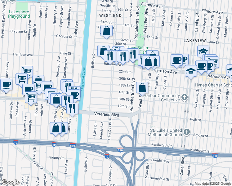 map of restaurants, bars, coffee shops, grocery stores, and more near 240 18th Street in New Orleans