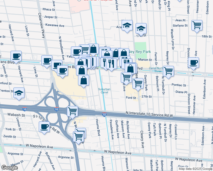 map of restaurants, bars, coffee shops, grocery stores, and more near 3020 Lake Villa Drive in Metairie