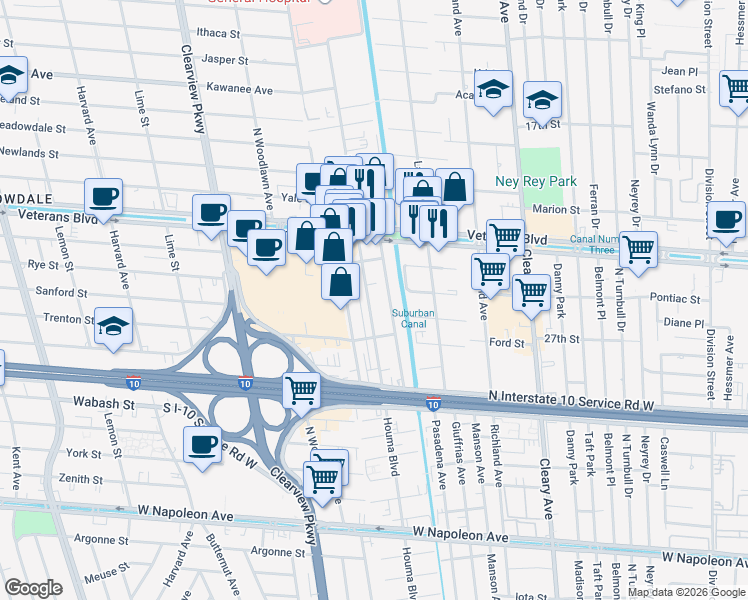 map of restaurants, bars, coffee shops, grocery stores, and more near 3106 Independence Street in Metairie