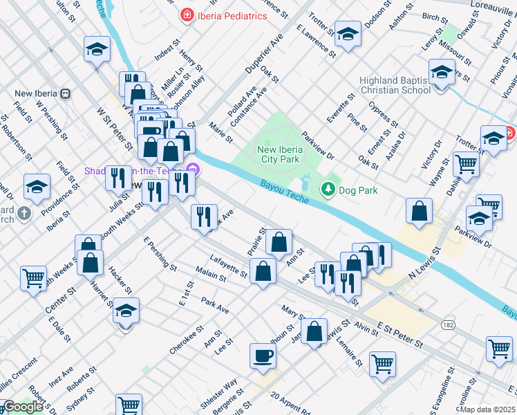 map of restaurants, bars, coffee shops, grocery stores, and more near Civic Center Cir in New Iberia