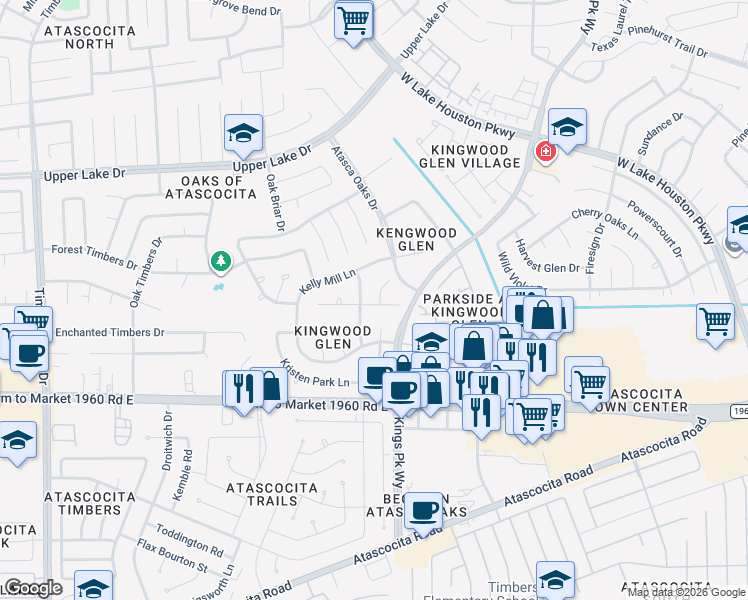 map of restaurants, bars, coffee shops, grocery stores, and more near 19318 Kristen Pine Drive in Humble