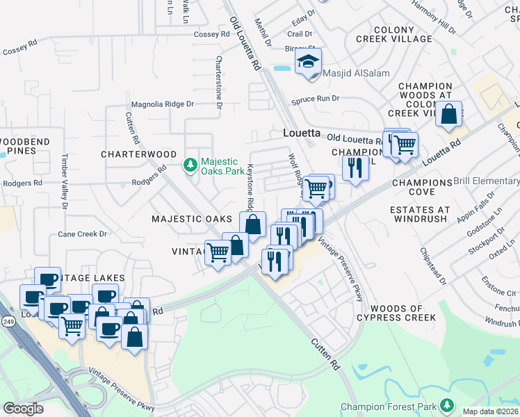 map of restaurants, bars, coffee shops, grocery stores, and more near 15923 Eldora Springs Court in Houston