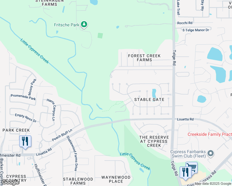 map of restaurants, bars, coffee shops, grocery stores, and more near 15727 Stable Creek Circle in Cypress