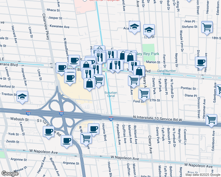 map of restaurants, bars, coffee shops, grocery stores, and more near 3020 Lake Villa Drive in Metairie
