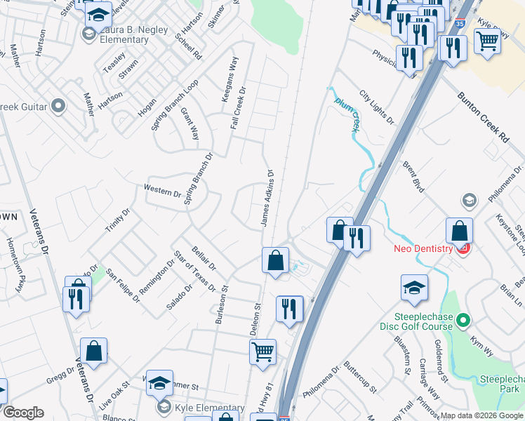 map of restaurants, bars, coffee shops, grocery stores, and more near 220 Turtle Creek Dr in Kyle