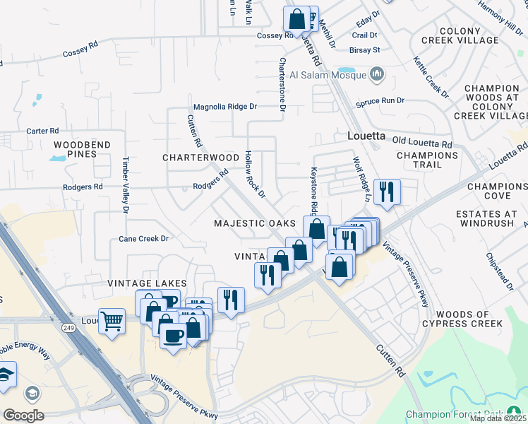 map of restaurants, bars, coffee shops, grocery stores, and more near 15926 Cutten Road in Houston