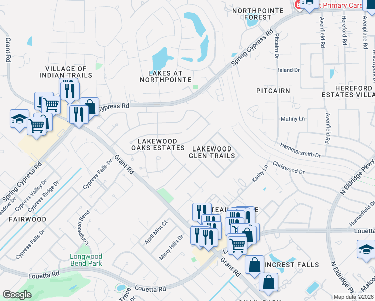 map of restaurants, bars, coffee shops, grocery stores, and more near 13418 Cypress Pond Road in Cypress