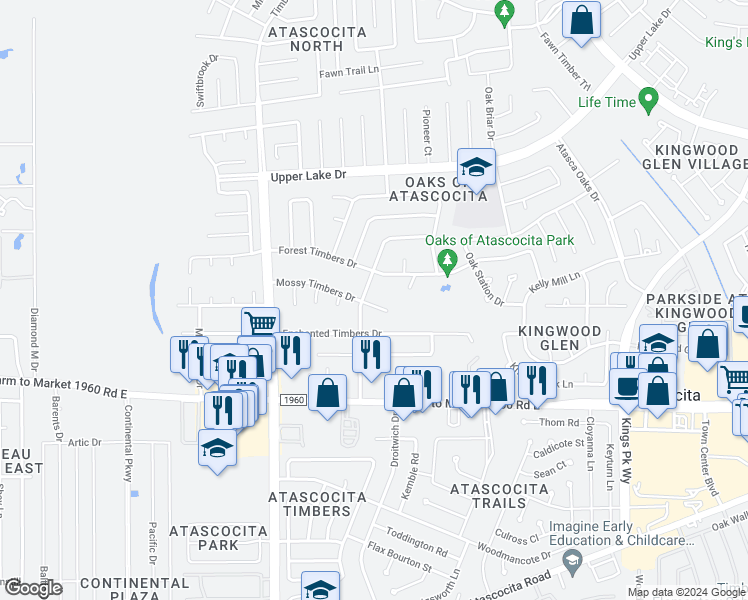 map of restaurants, bars, coffee shops, grocery stores, and more near 5607 Mossy Timbers Drive in Humble
