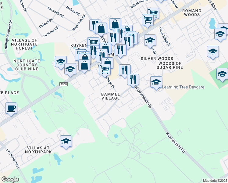 map of restaurants, bars, coffee shops, grocery stores, and more near 2402 Bammelwood Drive in Houston
