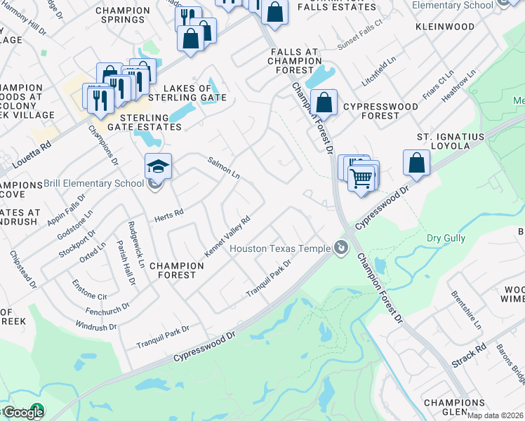 map of restaurants, bars, coffee shops, grocery stores, and more near 16006 Salmon Lane in Spring