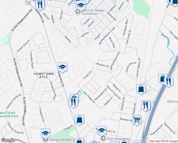 map of restaurants, bars, coffee shops, grocery stores, and more near 151 Trinity Drive in Kyle