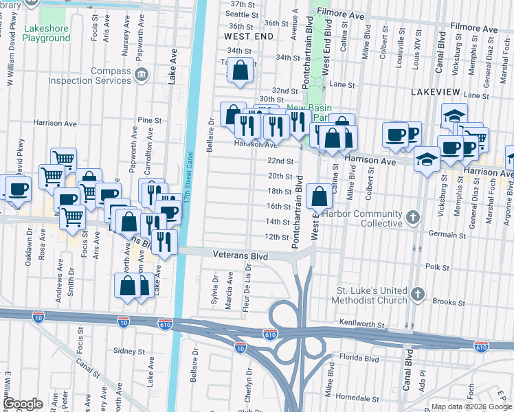 map of restaurants, bars, coffee shops, grocery stores, and more near 240 16th Street in New Orleans