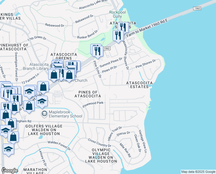 map of restaurants, bars, coffee shops, grocery stores, and more near 8610 Timber View Drive in Humble