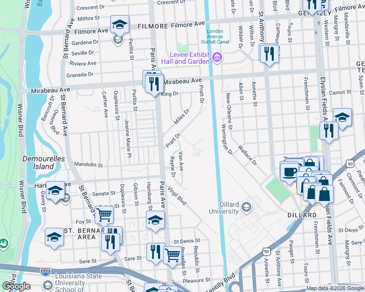 map of restaurants, bars, coffee shops, grocery stores, and more near 4355 Van Avenue in New Orleans