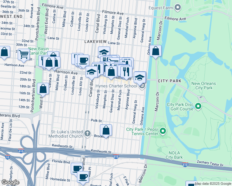 map of restaurants, bars, coffee shops, grocery stores, and more near 6220 General Diaz Street in New Orleans