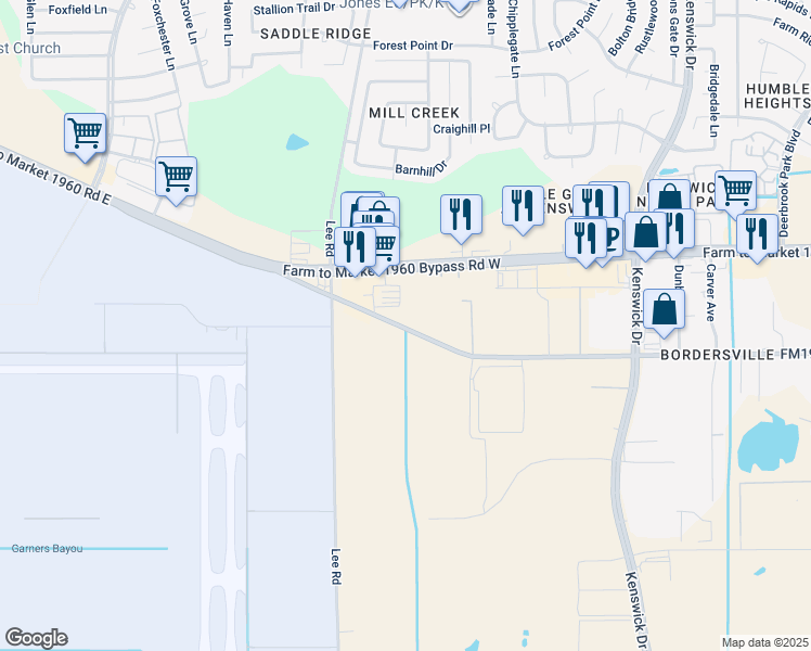 map of restaurants, bars, coffee shops, grocery stores, and more near 7921 Humble Westfield Road in Humble