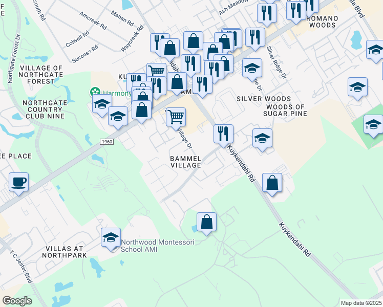 map of restaurants, bars, coffee shops, grocery stores, and more near 15774-15786 Bammel Village Dr in Houston