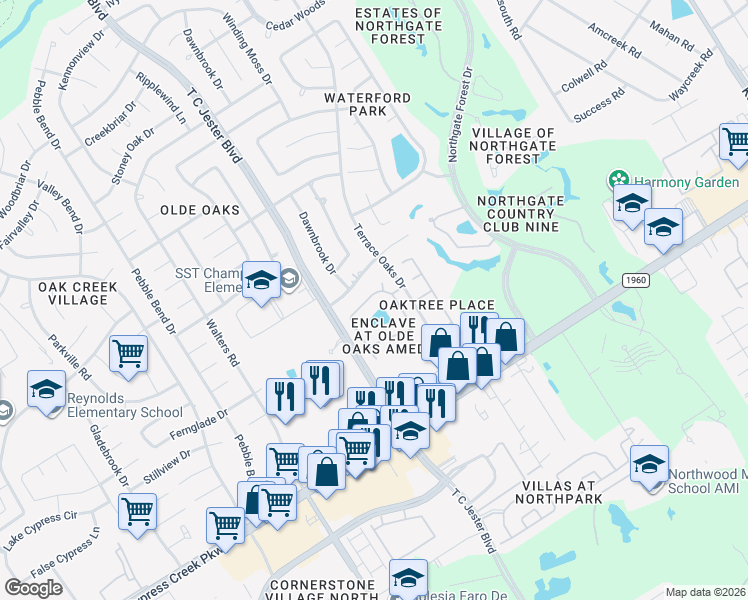 map of restaurants, bars, coffee shops, grocery stores, and more near 3219 Pebble Trace Drive in Houston